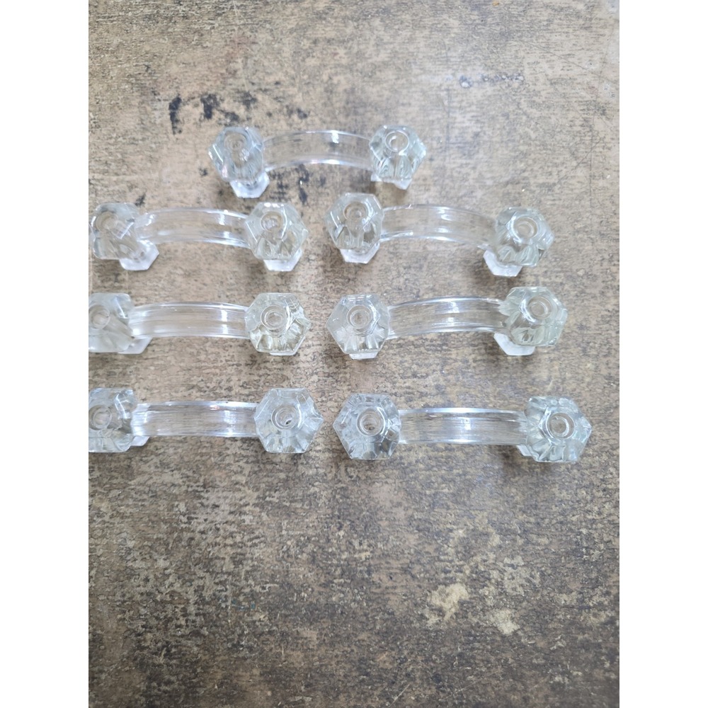 7 Vintage Hexagon Curved Clear Glass Drawer Handles Pulls 3" Centers